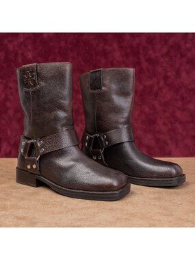 Tory Burch Women Double T Moto Fashion Dark Brown Leather Harness Boots sz 6